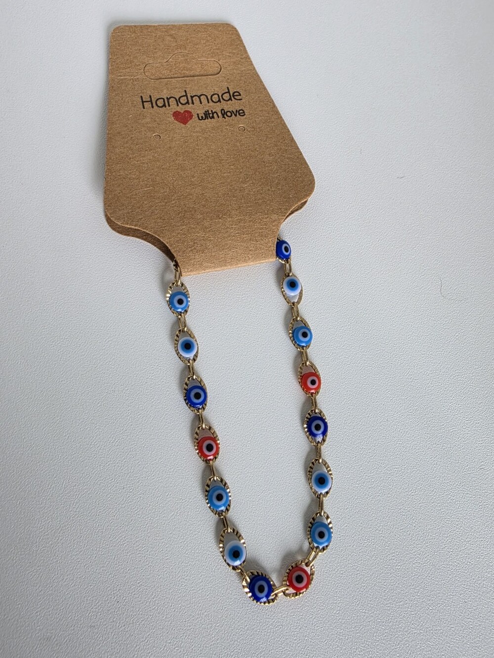 Gold Tone Evil Eye Bracelet Blue Red Nazar Charm 7" Dainty Boho - Picture 3 of 5